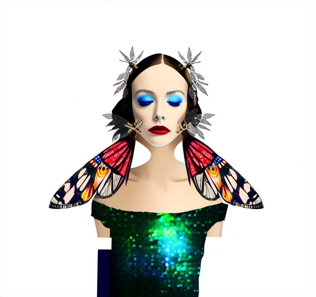 Prompt: a photograph of a woman (color or black and white) with multimedia elements added to create the appearance that she is a beautiful intricate moth, with moth wings and antennae created from paint, paper, photos, glitter, iridescent enamels, nail polish, rhinestones, thread and string, fabric, folded paper etc<mymodel>