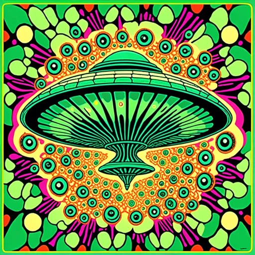 Prompt: <mymodel>Flying saucer UFO and little green men in psychedelic poster art style, vibrant and surreal colors, detailed metallic surface of the saucer, intricate psychedelic patterns on the saucer, small green humanoids with bug-like eyes, swirling and vibrant background, high quality, poster art, surreal, vibrant colors, detailed metallic surface, intricate patterns, psychedelic, bug-like eyes, surreal background, professional lighting