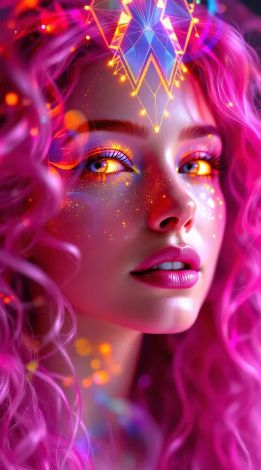 Prompt: Her face is a modular masterpiece—cheekbones traced with the shimmer of moonshine symmetry, every angle tuned to a hidden harmonic. Newton fractal veins glow faintly beneath translucent skin, shifting in color with each emotion. Her eyes burn with prime number fire, irises tiled in Penrose symmetry, blinking with curved light logic. Laughter echoes in Hilbert paths across her cheeks—space-filling joy spirals, soft and bright. Hair spills around her in radiant pink curls, styled by quasiperiodic forces and recursive wave equations—each strand flowing in luminous fractal tension. Geometry pulses at the hairline, recursive symbols glinting in neon mathdust. She is wrapped in hyperbolic aura-rings, layered in color-feedback like living topology, her presence refracting sacred math through joy, emotion, and colorfields.”

⸻

Visual Keywords:
Modular face symmetry, Newton glow skin, Penrose-tiled irises, Hilbert smile trails, pink recursive curls, fractal symbol halo, hyperbolic color aura, neon mathdust, prime fire eyes