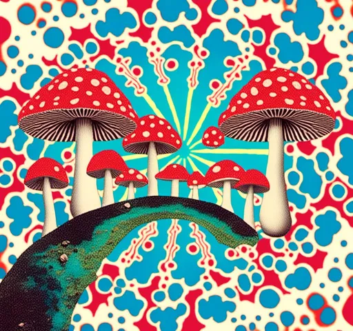 Prompt: <mymodel>Retro psychedelic collage of vibrant, 70s-inspired fungus, mushrooms, vibrant colors and patterns, surreal collage cut and paste composition, landscapes, trippy patterns, optical illusions, planets vintage analog texture, high quality, retro, psychedelic, vibrant colors, surreal, vintage, analog texture, detailed patterns, artistic