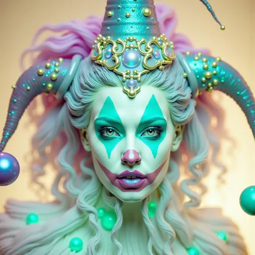 Prompt: A super hyperrealistic yet also illustrative and creative female cosmic jester, made entirely of swirling pure colored light, with long wild curly hair that appears pink but is a dazzling spectrum of hues shimmering beneath the surface. She is adorned in beautiful avant-garde "astral" jester's attire, complete with intricate clown makeup that glimmers like stardust and a definitive jester's hat adorned with miniature galaxies that orbit its tips. Her ensemble includes exquisite accoutrements—ornate cosmic bangles that hum with the resonance of distant quasars and an ethereal cape that flows like liquid auroras. She sparkles, shines, and dazzles in a mesmerizing swirl of ever-changing colors, embodying the essence of cosmic whimsy and wonder. Perched atop an enormous, spinning Möbius strip made of liquid starlight, she juggles glowing quantum orbs that flicker between states of existence, each orb containing a miniature universe that pulses with fractal patterns. The background is a psychedelic tapestry of hyperdimensional geometry, where constellations rearrange themselves into impossible shapes, and stars pulse to the rhythm of an unheard cosmic melody. Fractal tessellations resembling Escher-like infinity loops cascade through the scene, while quantum entanglement trails connect her juggling orbs in a dance of light. Möbius transformations ripple through the liquid starlight, creating endless loops of brilliance, as pulsating nebulas, astral winds swirling with cosmic dust, and shimmering auroras flow like liquid silk across the infinite expanse.