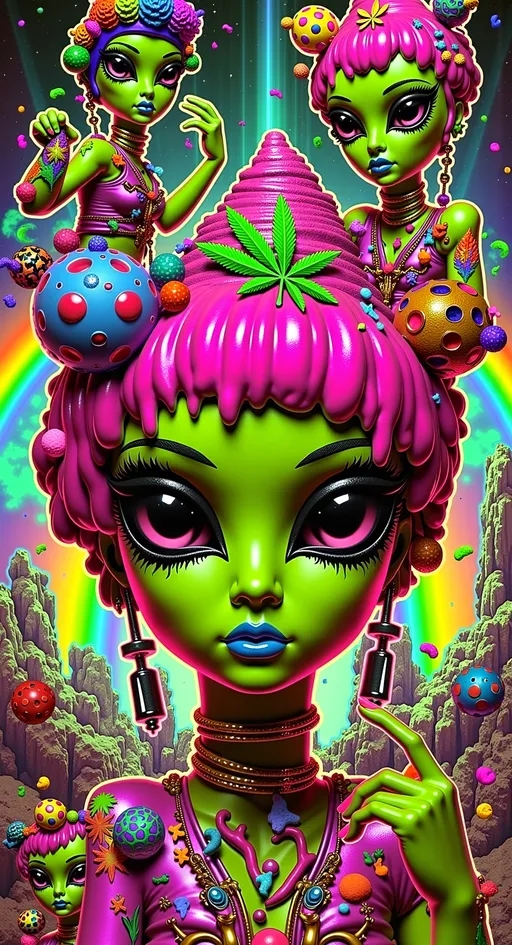 Prompt: **Trashy Cosmic Crew - AI Art Prompt**

Dive into a wild and lively scene featuring our iconic green-skinned alien babe, with her distinctive conical-shaped head and large, solid black almond-shaped eyes, alongside her rowdy extraterrestrial friends. They're striking edgy and playful poses, gesturing at the camera with cheeky irreverence amidst a chaotic backdrop filled with vibrant cosmic and psychedelic imagery.

Set the scene on an alien planet, where the landscapes are as gritty and raw as they are breathtaking. Include elements like rugged asteroids, mysterious moons, blazing suns, distant stars, and swirling nebulae, creating a rich tapestry of celestial wonders.

Add a touch of the surreal with cosmic rays and hints of the astral plane, weaving through the scene like electric currents. Black holes add a mysterious edge, while colorful psilocybin mushrooms and cannabis leaves appear throughout, adding a rebellious and psychedelic twist.

Incorporate lively details like hookahs and herbal rolls, as the alien crew enjoys their cosmic pastimes. The characters are decked out in bold, edgy outfits that scream attitude, with ripped fabrics, metallic accessories, and neon accents.

Let the scene be filled with a sense of carefree fun and camaraderie, as these intergalactic adventurers embrace the chaos of the moment. Capture their mischievous and playful expressions, making sure each character exudes their own unique brand of cosmic cool.

Balance hyperrealistic textures with a raw, artistic style, capturing the edgy and adventurous spirit of this cosmic gathering. Let the fine details and vibrant colors transport viewers into a realm where rebellion and the extraterrestrial collide, in a celebration of cosmic chaos and exploration. 🌌👽🔥

Let this prompt inspire a piece that's as dynamic and visually captivating as it is uniquely yours!