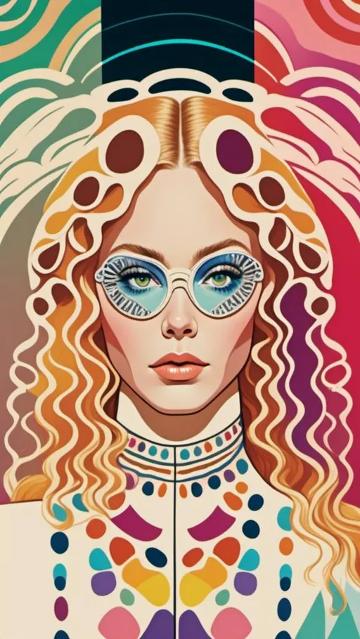Prompt: <mymodel> psychedelic poster art illustration fashion, woman with long blond curly hair, vibrant colors, detailed psychedelic patterns, high quality, poster art style, bright and vibrant tones, curly hair with intricate details, retro fashion, surreal atmosphere