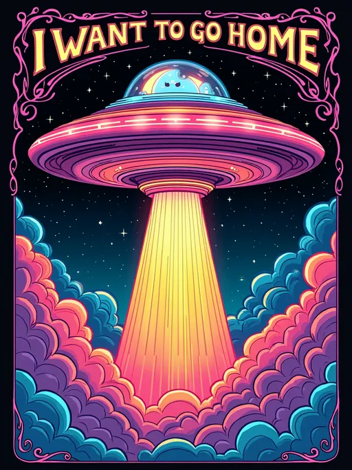 Prompt: Design a pop art nouveau illustration featuring a large UFO in a Lisa Frank-inspired 80s glam style beaming down the text phrase I WANT TO GO HOME - The UFO should be depicted using a palette of hot pink, light bright orange, cyan blue, neon green, and purple. It should have vibrant lights and emit clouds of gravitational waves that distort the air around it. These waves should creatively form an art nouveau border, characterized by flowing, organic lines and intricate details.

The UFO should hover with a distinct, sharp ray of multicolored light emitted from its bottom, as if to beam something up. This beam should shimmer with the specified color palette, adding a dynamic and captivating visual element.

Incorporate bold, organic black outlines typical of art nouveau illustrations to define shapes and add emphasis. Use black accents strategically to enhance depth and detail, while maintaining the vibrancy of the colors.

The focus of the design should be a fully integrated, decoratively hand-drawn feminine girly text that says 'I WANT TO GO HOME' The text should be beautifully intertwined with the art nouveau elements, enhancing the overall composition and adding a whimsical touch, all while using the same limited color palette.

The entire composition should be set against a rich black background, enhancing the vibrancy of the colors and adding depth to the design. Integrate celestial motifs such as stars, planets, and galaxies into the border, seamlessly blending with the overall theme.

The overall design should be a harmonious blend of the playful, colorful essence of Lisa Frank with the elegance and sophistication of Alphonse Mucha's art nouveau, restricted to the vibrant five-color palette outlined in black against a black background, creating an ethereal and otherworldly atmosphere.