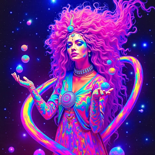 Prompt: A super hyperrealistic yet also illustrative and creative female cosmic jester, made entirely of swirling pure colored light, with long wild curly hair that appears pink but is a dazzling spectrum of hues shimmering beneath the surface. She is adorned in beautiful avant-garde "astral" jester's attire, complete with intricate clown makeup that glimmers like stardust and a definitive jester's hat adorned with miniature galaxies that orbit its tips. Her ensemble includes exquisite accoutrements—ornate cosmic bangles that hum with the resonance of distant quasars and an ethereal cape that flows like liquid auroras. She sparkles, shines, and dazzles in a mesmerizing swirl of ever-changing colors, embodying the essence of cosmic whimsy and wonder. Perched atop an enormous, spinning Möbius strip made of liquid starlight, she juggles glowing quantum orbs that flicker between states of existence, each orb containing a miniature universe that pulses with fractal patterns. The background is a psychedelic tapestry of hyperdimensional geometry, where constellations rearrange themselves into impossible shapes, and stars pulse to the rhythm of an unheard cosmic melody. Fractal tessellations resembling Escher-like infinity loops cascade through the scene, while quantum entanglement trails connect her juggling orbs in a dance of light. Möbius transformations ripple through the liquid starlight, creating endless loops of brilliance, as pulsating nebulas, astral winds swirling with cosmic dust, and shimmering auroras flow like liquid silk across the infinite expanse.