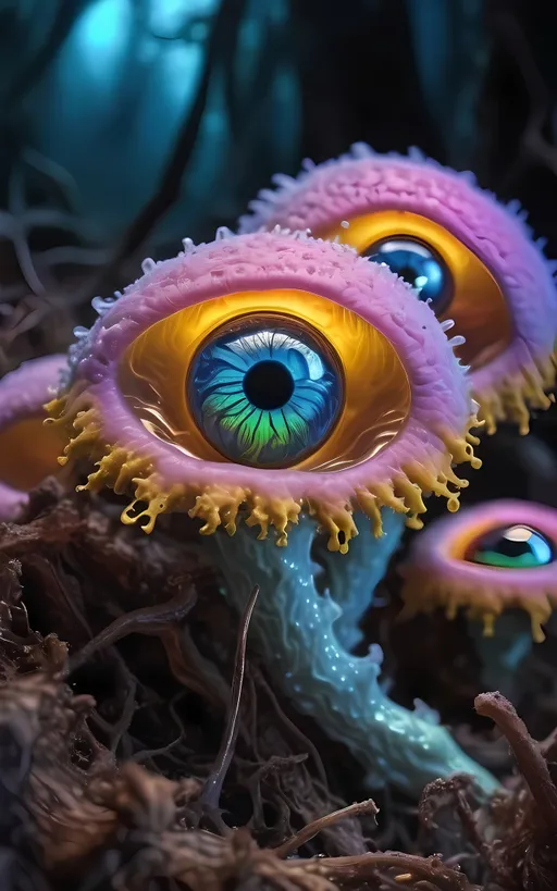 Prompt: Extreme psychedelic hyperrealism- Super high definition ultra textural slime mold entity psychedelic hallucination surrealism, psychedelic alien crazy psychedelic slime mold sentient slime mold creature, lots of bizarre psychedelic eyes, looking observing watching,  detailed, highres, intense pastel iridescent pearlescent colors, eerie lighting, bizarre features, unsettling atmosphere, otherworldly, distorted proportions, mind-bending, dreamlike, abstract,, organic textures
