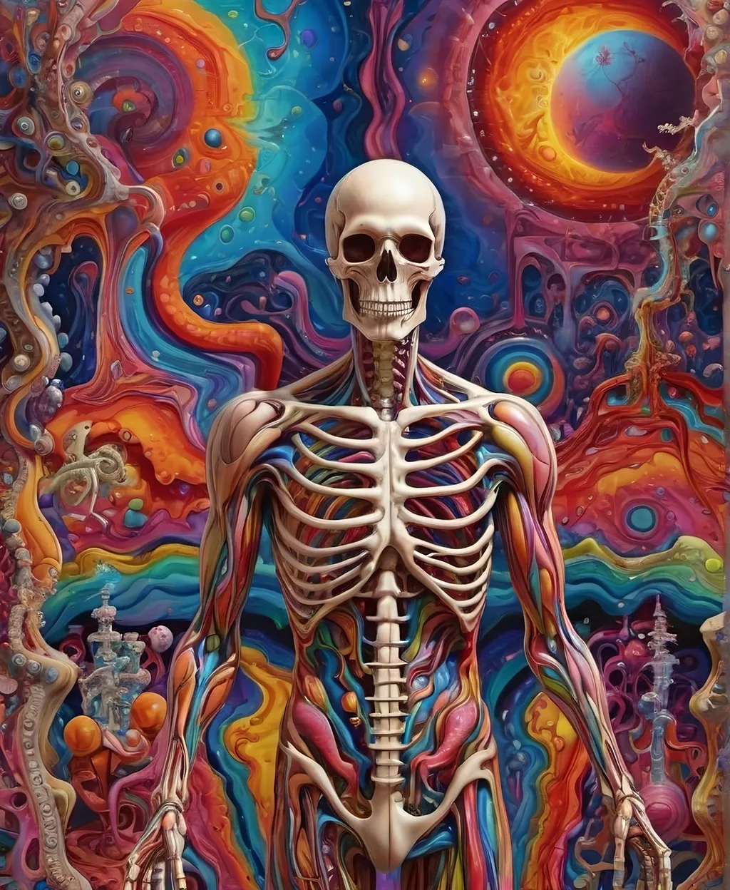 Prompt: Psychedelic hallucination, human being/body melting psychedelicly - skeleton, muscular system, muscles, bones, organs, guts melting, oozing, dissolving into fractals. 9of reality melting, ego death, melty, melting, drippy, drips dripping, Ooze, oozing, Alex grey, fractals, visionary, psychedelic, trippy, weird