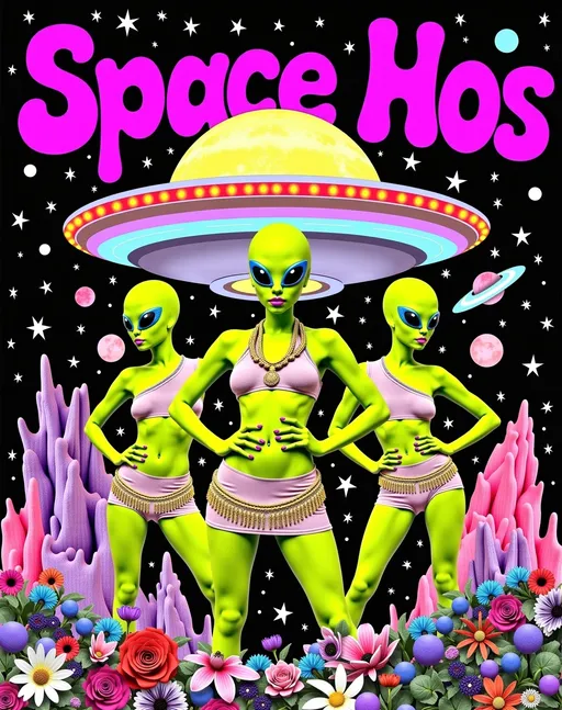 Prompt: **Space Hos - AI Art Prompt**

Create an artwork featuring the phrase "Space Hos" in a bold, sassy, girly futuristic tech font. The scene is populated by multiple striking green-skinned alien females, each exuding attitude and confidence. They are dressed in avant-garde high fashion with a futuristic edge, showcasing an array of intricate accessories that highlight their alien allure.

Each alien boasts a slightly conical-shaped bald head and large, almond-shaped black eyes, adding to their enigmatic charm. They pose with sass and poise, making a statement in the cosmic landscape.

Incorporate a vibrant UFO in the background, teeming with colorful lights that illuminate the scene. The setting is a bustling outer space landscape, complete with an alien planet, swirling asteroids, and cosmic phenomena. Alien glyphs are seamlessly integrated into the design, adding a mysterious layer.

The entire composition is busy and detailed, with every inch filled with tiny elements that captivate the viewer's attention. From the smallest star to the grandest asteroid, the scene is a masterpiece of cosmic chaos and extraterrestrial elegance.