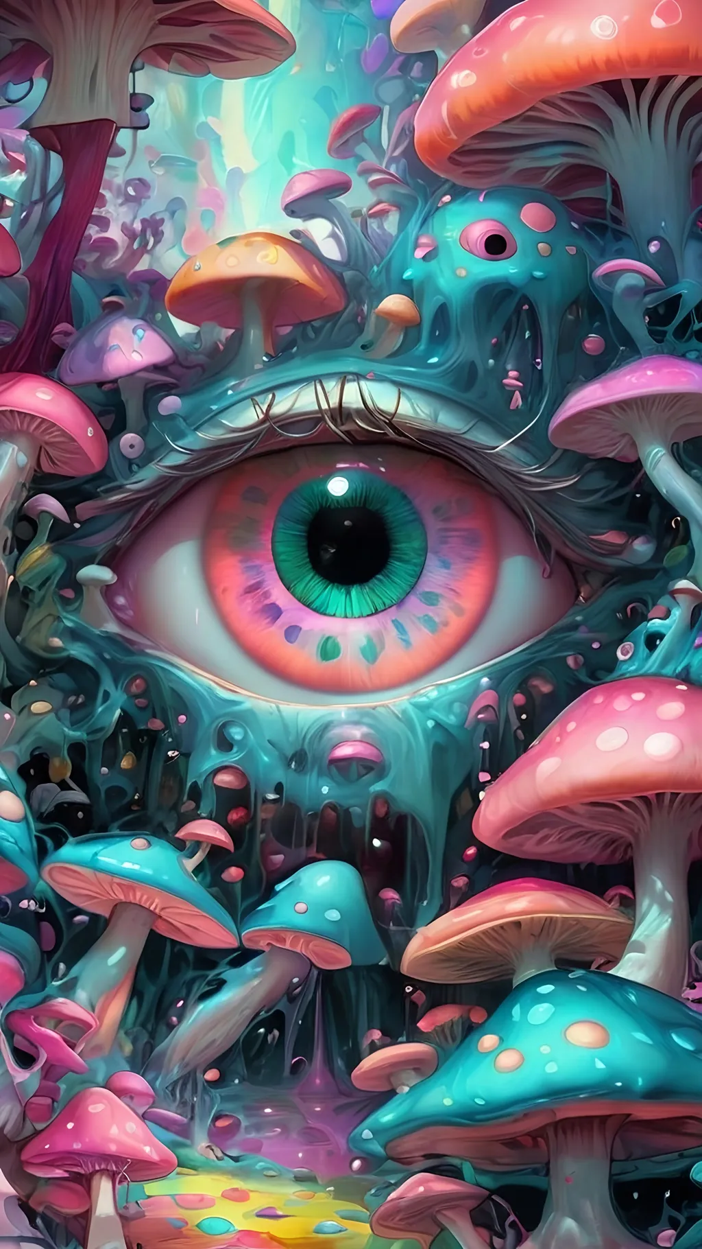 Prompt: Psychedelic, weird, surreal, bizarre, ineffable, numinous, lots of crazy weird inhuman psychedelic trippy eyes, melting, trippy, reality breaking down, hallucinations, drippy, dissolutionment, blobs,atoms, electrons, mushrooms, fractals, multidimensional, oozing, oridescent pastel colors,psychedelic hyper realism, ultra high resolution, surreal, digital art, intense lighting, bright pastel hues, abstract, detailed textures