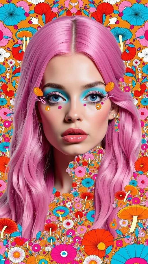 Prompt: Create a vivid and ultra hyperrealistic surreal portrait of a biological entity inspired by a fusion of mushrooms and slime molds. The scene is a mesmerizing collage of organic textures and vibrant colors, incorporating the current color scheme of pastel pinks, oranges, and aquamarine blues. At the center of this intricate composition is a caucasian slim woman with long wild pink very curly hair, and blue eyes. Her face is seamlessly integrated into the landscape of fungi and molds, with delicate mushroom caps and tendrils of slime molds adorning her hair and skin. Her eyes, a striking blue, peer through an intricate mask of bioluminescent mycelium that glows softly, casting a gentle light across her face. 

The style is reminiscent of a retro psychedelic collage with an analog finish, echoing the works of artists like Yayoi Kusama and Ernst Haeckel, known for their organic and intricate designs. The medium appears to be a digital illustration with hyper-realistic detailing, capturing the fine textures of the mushroom caps and the delicate structures of the slime molds. The mood is ethereal and otherworldly, with a dreamy, almost hypnotic quality. The outlines are soft and fluid, blending seamlessly into the background, creating a sense of unity between the subject and her environment. The lighting is soft and diffuse, enhancing the pastel hues and giving the entire scene a serene, dreamlike atmosphere.