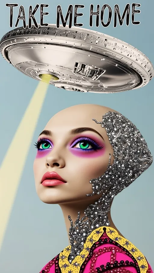 Prompt: Create a hyperrealistic yet illustrative close-up of an alien girl's face and the text phrase “TAKE ME HOME” - Her head is conical-shaped and bald, with large almond-shaped eyes that reflect a mesmerizing array of colored lights. She gazes up at a massive UFO hovering above, its metallic silver surface shimmering with holographic hues. The UFO is adorned with intricate alien designs, showcasing fine, delicate patterns that suggest advanced technology. A ray of light beams down from the UFO, casting a soft glow on her features. The scene is filled with ultra-fine details, blending realism with artistic creativity, capturing an otherworldly beauty.