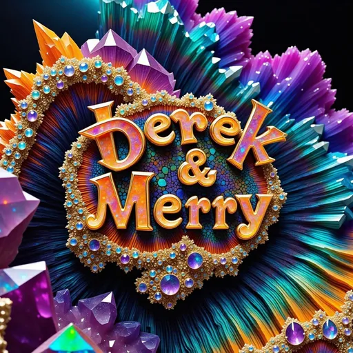 Prompt: "'Derek' '&' 'Merry'" must be seamlessly integrated into the scene, their forms crafted naturally from vibrant, colorful elements like opal, bismuth, labradorite, and quartz. The Mandelbrot fractal spirals infinitely, its glowing edges shimmering with the iridescent blues, greens, and purples of labradorite. The letters of "Derek & Merry" emerge from the fractal’s geometry, their surfaces glinting like polished opal, with fiery flashes of orange, pink, and violet shifting as if alive.

Bismuth crystals, with their angular, metallic rainbow formations, grow into the text, their intricate stair-step shapes forming the "&" symbol and parts of the letters. Quartz spires pierce through the fractal landscape, their translucent forms refracting light into a kaleidoscope of colors that dance across the scene. The text feels as though it has grown naturally from these minerals, blending seamlessly with the fractal's recursive beauty.

Above, the sky flows like liquid light, swirling with hues of molten gold and deep sapphire, echoing fluid dynamics. These currents occasionally shape themselves into fleeting patterns, spelling "Derek & Merry" before dissolving into the vibrant ether. Tiny quantum particles flit along the edges of the scene, glowing like microscopic stars, their motion creating a subtle hum that resonates through the fractal and mineral structures.

The entire composition is alive with color and energy, the interplay of opal, bismuth, labradorite, and quartz creating a scene both surreal and harmonious. "Derek & Merry" is not just part of the image but its very essence, seamlessly woven into the infinite fractal patterns and radiant natural elements.