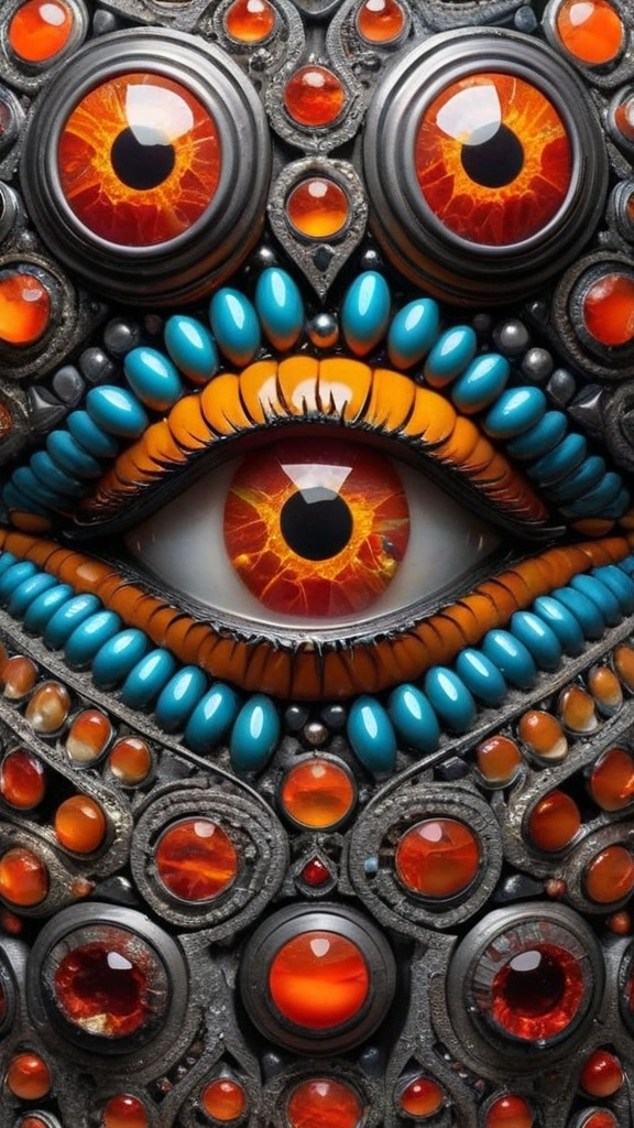 Prompt: Create an extremely hyper-realistic, ultra super textural, weird, trippy, surreal, psychedelic eyes/teeth/mouth pattern/design based on the “labyrinth fractal” & “op art tiling” with lots of human eyes (crazy colorful compound psychedelic), rows of human teeth, human lips, and tongues. 

- **Colors**: determined by the natural properties and expressions of the elements (& their isotopes), raw rough minerals, and metals:
- Molybdenum (Mo)
- Fire Opal
- rough Diamond
- Schorl
- Marcasite

**Shapes and forms**
- main form: “labyrinth fractal”
-other shapes determined by the natural properties and expressions of the elements (& their isotopes), raw rough minerals, metals, and biological organisms: 
- Molybdenum (Mo)
- Fire Opal
- rough Diamond
- Schorl
- Marcasite

- **Textures**: Derived from any/all elements (& their isotopes), minerals, metals, crystals, organic things mentioned in this prompt: 
- “labyrinth fractal”
- Molybdenum (Mo)
- Fire Opal
- rough Diamond
- Schorl
- Marcasite

**Composition and Layout**:
- a pattern/design based on “labyrinth fractal”



**Lighting**
- lots and lots of bright shining reflective light
- opalescence


**Detail and Atmosphere**:
- Extreme hyperrealistic sharp high detail high definition organic and mineral textures
- Psychedelic, weird, odd, surreal atmosphere
- Frozen in time

**Additional Elements**:
- extra rows of teeth, lips, many eyes, “labrynth fractal”, Aventurescence, Chatoyancy
