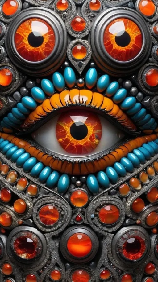 Prompt: Create an extremely hyper-realistic, ultra super textural, weird, trippy, surreal, psychedelic eyes/teeth/mouth pattern/design based on the “labyrinth fractal” & “op art tiling” with lots of human eyes (crazy colorful compound psychedelic), rows of human teeth, human lips, and tongues. 

- **Colors**: determined by the natural properties and expressions of the elements (& their isotopes), raw rough minerals, and metals:
- Molybdenum (Mo)
- Fire Opal
- rough Diamond
- Schorl
- Marcasite

**Shapes and forms**
- main form: “labyrinth fractal”
-other shapes determined by the natural properties and expressions of the elements (& their isotopes), raw rough minerals, metals, and biological organisms: 
- Molybdenum (Mo)
- Fire Opal
- rough Diamond
- Schorl
- Marcasite

- **Textures**: Derived from any/all elements (& their isotopes), minerals, metals, crystals, organic things mentioned in this prompt: 
- “labyrinth fractal”
- Molybdenum (Mo)
- Fire Opal
- rough Diamond
- Schorl
- Marcasite

**Composition and Layout**:
- a pattern/design based on “labyrinth fractal”



**Lighting**
- lots and lots of bright shining reflective light
- opalescence


**Detail and Atmosphere**:
- Extreme hyperrealistic sharp high detail high definition organic and mineral textures
- Psychedelic, weird, odd, surreal atmosphere
- Frozen in time

**Additional Elements**:
- extra rows of teeth, lips, many eyes, “labrynth fractal”, Aventurescence, Chatoyancy
