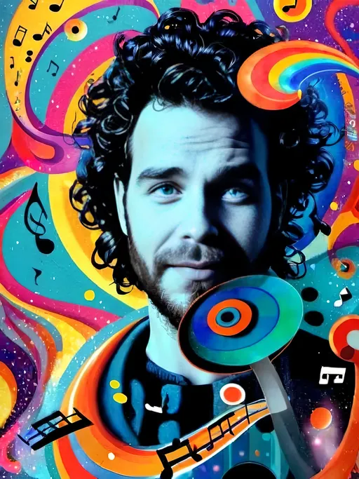 Prompt: man with piercing blue Al eyes and curly brunette ringlets, surrounded by music notes, psychedelic 70s poster art illustration, photorealism, detailed curls, intense gaze, music motifs, vivid colors, psychedelic, high quality, realistic, 70s style, detailed eyes, professional lighting