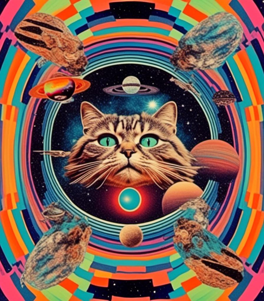 Prompt: a psychedelic collage with a vintage 70s sci-fi animation feel to it except the subject matter will be CATS IN SPACE! The collage will have elements of photography, illustration, trippy patterns and optical illusions, alien landscapes, strange trippy planets, UFOs,, meteors, all cut and spliced together in a psychedelic collage style <mymodel>