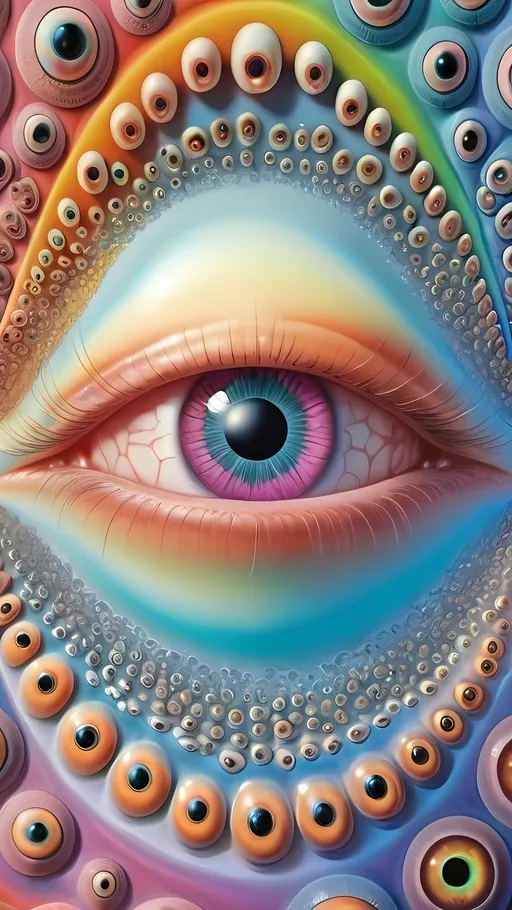 Prompt: an extremely hyper realistic ultra super textural weird trippy surreal psychedelic entity, Peano Curve, apollonian gaskets, catenoids, white, translucent, clear, bright bright feminine pastel colors, oil slick rainbow sheen effect, lots and lots of light, lots of crazy colorful compound psychedelic human eyes, rows of human teeth, fungus, radiolarians,  atoms, diatoms, enneper sufaces, apollonian gaskets, Peano Curve