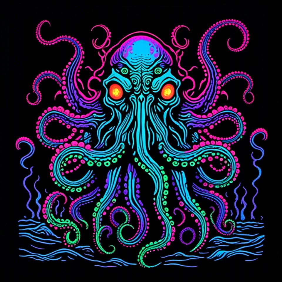 Prompt: <mymodel>Vintage 70s black light poster of Cthulhu in photorealism, Cthulhu at R'lyeh, tribal primal style, realistic tentacles, Lovecraftian horror, eerie atmosphere, intricate details, photorealistic cosmic background, high quality, detailed texture, black light art, vintage, 70s, Cthulhu, R'lyeh, tribal, primal, photorealism, Lovecraftian, eerie atmosphere, detailed, cosmic, realistic, eldritch, noneuclidean geometry, idol