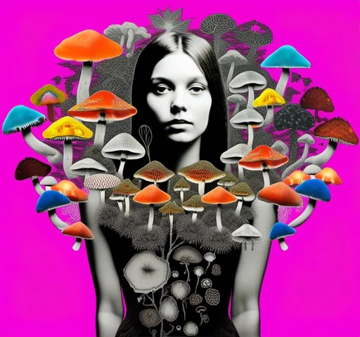 Prompt: A mixed media collage of a black and white photograph of a young woman growing all kinds of colorful multimedia psychedelic mushrooms and fungus out of her body (incorporate things like- but are not limited to - vibrant paints, enamels, glitters, metallic foils, newspaper and magazine cut paper, paint spatter, etc)<mymodel>