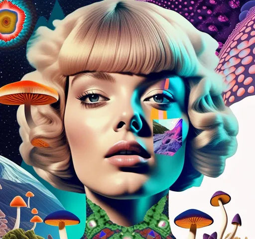 Prompt: a psychedelic collage reminiscent of 70s psychedelic sci fi collage artwork celebrating a girl on mushrooms. It is to feature a photograph of a woman with blond curly hair that is edited by splicing it with other images from photographs, magazines, newspapers, illustrations/paintings to create the impression she is high on magic mushrooms. The work will include such elements as a psychedelic 3rd eye open, stars and planets, trippy optical illusions and patterns, psilocybin cubensis mushrooms, fractals, UFOs, aliens, geometric shapes, auras, rainbow spectrums, sacred geometry, trippy drippy stuff, psychedelic hallucinations, open eyes, landscapes of astral worlds<mymodel>