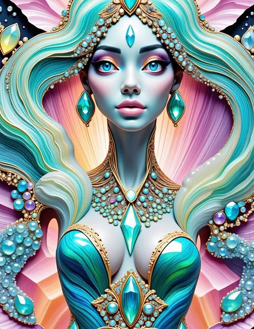 Prompt: **Prompt:**  

A futuristic, cyber-baroque portrait of a slim Caucasian woman with long, wild, pink, very curly hair cascading down her back and shoulders, adorned with glowing neon accents that complement her vibrant pink locks. Her piercing blue eyes radiate with an otherworldly glow, reflecting the intricate, high-tech environment around her. She is wearing a sleek, glossy exosuit in a palette of pastel pink, aqua blue, and soft gold, with ornate, jewel-like embellishments and swirling, organic patterns reminiscent of Art Nouveau designs by Alphonse Mucha fused with futuristic cyberpunk aesthetics. The exosuit features rounded, bubble-like structures and flowing, ribbon-like extensions that seem to hover and ripple as if alive.  

The background is a seamless gradient of teal and aquamarine, softly glowing, giving the scene a dreamy, ethereal quality. The lighting is soft but luminous, with gentle highlights that reflect off the glossy surfaces of the suit and the jewels, creating a sense of depth and texture. The overall mood is futuristic yet whimsical, blending the elegance of classical art movements with the boldness of sci-fi futurism. The style is a 3D-rendered digital illustration with ultra-smooth surfaces, high detail, and a slightly surreal, hyperrealistic finish, inspired by the works of artists like Hajime Sorayama and Beeple.
