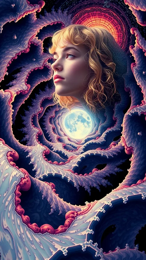 Prompt: A psychedelic ego death experience. A girl with long blond curly hair on psychedelics hallucinating herself melting into fractals, being sucked into an infinite swirling subterranean underground angry chaotic roiling ocean of pure fractals geometry.  She melts, and becomes one with the ocean, becoming fractals herself and experiencing being one with everything in the universe, seeing it all from every point of view, before forming into human again over and over. Fractal geometry ocean, waves, currents, riptide, flowing, churning, underground cave 