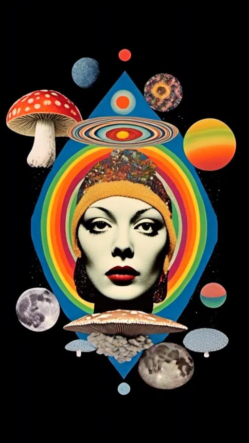 Prompt: <mymodel>Psychedelic collage of a woman, spliced and edited with psychedelic planets, cats, and UFOs, a psychedelic open third eye, pickles, photos of mushrooms of all kinds and colors, trippy optical patterns, incorporating paint, enamel, and found objects, black and white optical illusions, high quality, surreal, vibrant colors, trippy, psychedelic, detailed collage, cosmic theme, colorful lighting surreal collage