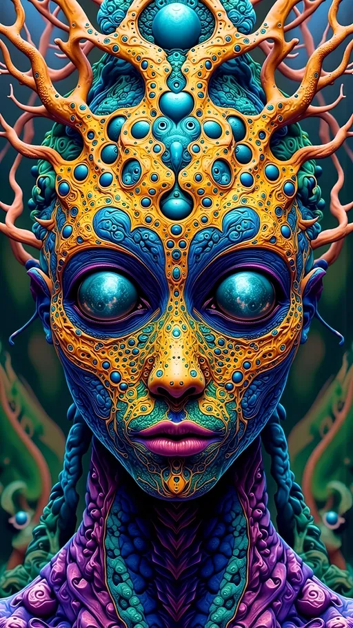 Prompt: An extremely super hyper detailed hyperrealistic weird surreal trippy psychedelic entity manifests, adorned with a multitude of psychedelic compound human eyes, arranged meticulously in a Fibonacci Spiral tiling pattern. These eyes, vibrant and entrancing, create a mesmerizing visual symphony. Rows upon rows of psychedelic teeth form a fractal-like pattern akin to the Mandelbrot Set, spiraling endlessly.

The entity's skin is a shimmering tapestry of iridescent Ammolite, displaying a spectrum of colors that shift with every movement. Interspersed are cubic Fluorite crystals in pale yellow, contrasting vividly with the backdrop. Swirling through its form are veins of Charoite, vivid purple strands weaving cosmic energy throughout its being.

On a microscopic level, Quantum Foam bubbles and fluctuates, giving the entity an ethereal, ever-changing appearance. Vibrating Quantum Strings hint at the fundamental nature of its existence, while Quantum Entanglement weaves an invisible web, linking its myriad parts in a dance of interconnectedness.

The background is a surreal landscape inspired by the Voronoi Tiling pattern, resembling an infinite cellular structure. The ground is a mosaic of royal blue Sodalite, with veins of white calcite creating a natural yet otherworldly pattern. Above, a sky of swirling Quantum Wave Functions paints a picture of potential realities, each wave a probability, each crest a possibility.

This entity embodies the fusion of mathematical precision and quantum chaos, a creation born from the abstract merging of natural, microscopic elements, minerals, and quantum phenomena, existing in a realm where reality and imagination blur into one.