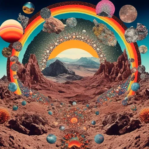 Prompt: <mymodel>surreal Psychedelic collage of spliced photographs, mushrooms, crystals, alien landscapes, desert landscapes, mountain landscapes, space, planets, orbs, psychedelic patterns, geometric shapes, optical illusions, highres, ultra-detailed, surreal, psychedelic, vibrant colors, cosmic, intricate details, surrealistic, dreamy lighting