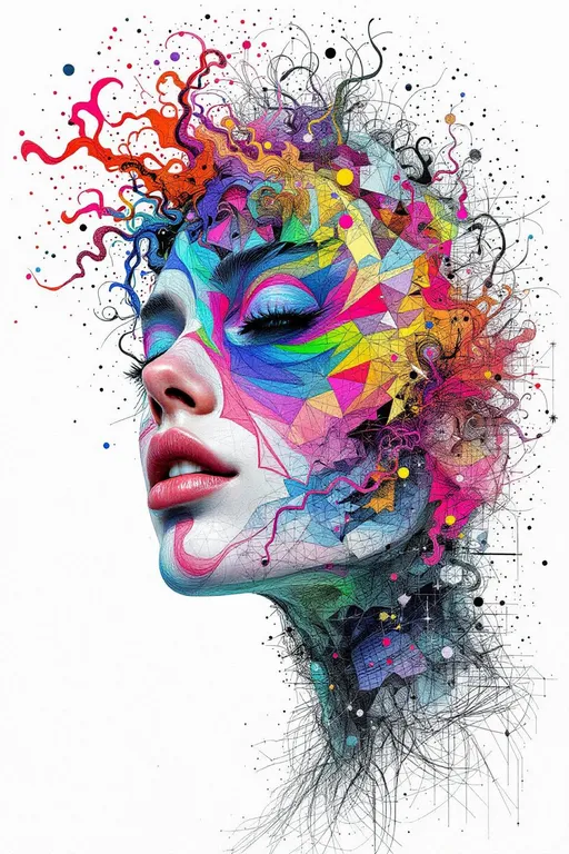 Prompt: Imagine  A techno-shamanic diagram, pulsing with color-coded sigils, drenched in hyper-pigment and fractal glyph static rendered in the chaotic hand-inked logic of La Planète Sauvage—but dialed to full chromatic overdose. Her face is not flesh but an impossible riot of recursive mathematics, drawn in vibrating lines and bleeding color. Cheekbones erupt as variance clusters: tangled ribbons of Diffusion Map heat bursting in molten gradients—fuchsia against electric teal, lava-orange under spectral cyan.

Her “skin” is a fractured tessellation of iridescent triangles—each tile filled with micro-fractals, shifting between neon gold and ultraviolet glass. Hair does not fall, it radiates: UMAP tangles explode from her scalp like quantum dreadlocks—volumetric, spiraling, drenched in acid color and tangled with vector noise.

The jawline glitches into kaleidoscopic eigenlight—layered transparencies pulsing with color logic, folding across warped grids. Her lips, barely there, are probability whirlpools—candy-glitch spirals rotating in pixelated loops. The eyes? Not eyes. Replica Theory vortices ringed with pulsars—recursive, glittering, collapsing inward like dimensional jewel-tones.

Every surface is over-saturated. Her brow arches with neural lace made of glowing glyphs, hyper-embossed like alien circuitry. Cross-hatching twists through chromatic bursts—indigo over ruby, chartreuse overlaying obsidian, textures rippling like malfunctioning halftone.

The space she inhabits curves in non-Euclidean chroma fields. No shadows—only contrast explosions. Edge boundaries smear into Hellinger gradients—where red bleeds into ultraviolet, where geometry disintegrates into moiré hallucination.

She flickers in and out of coherence—visible only through saturated logic. A mandala of math masquerading as a woman, until you stare too long and she bursts apart into prism fragments, each shard encoded with raw, screaming color.