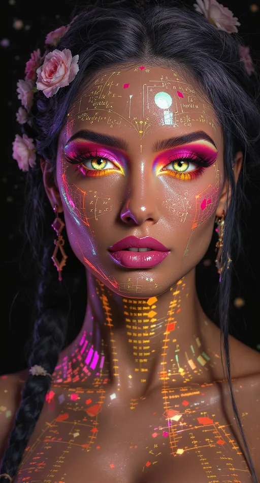 Prompt: Her face is the Yoneda lemma in flesh—a categorical mirror where each feature reflects every morphism into her. For each object A in a category \mathcal{C}, her expression contains \text{Hom}(A, -), encoded as symmetry upon symmetry. Cheeks form from representable functors, her skin an enriched presheaf in rainbow light. Color modulates via natural transformations—each glint a commuting diagram. Her eyes? Adjoint functors gazing into dual categories. Her hair is braided via quaternion tensor functors. She is the internal logic of the universe, folded in on itself.

Tags: #YonedaFace #MirrorMorphism #PresheafSkin #RainbowFunctorField #4DCategoricalLight