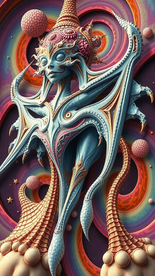 Prompt: A strange surreal interdimensional psychedelic entity/creature, made of fractal geometry, existing in many dimensions simultaneously, melting from one dimension to the next, phasing in and out of reality, inter dimensional fractal geometry come to life, psychedelic, trippy, weird, but beautiful, 