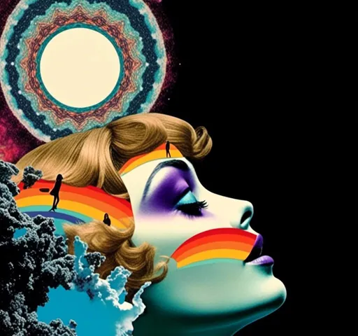 Prompt: <mymodel>Psychedelic trippy collage with a surreal vintage 70s sci-fi feel, vibrant colors, retro futuristic elements, surreal landscapes, detailed psychedelic patterns, high quality, vintage sci-fi, mixed with photograph of a woman with blond curly hair, geometric shape and optical illusions, vibrant colors, surreal, detailed patterns, trippy, collage, 70s, retro futuristic, surreal landscapes, detailed, atmospheric lighting