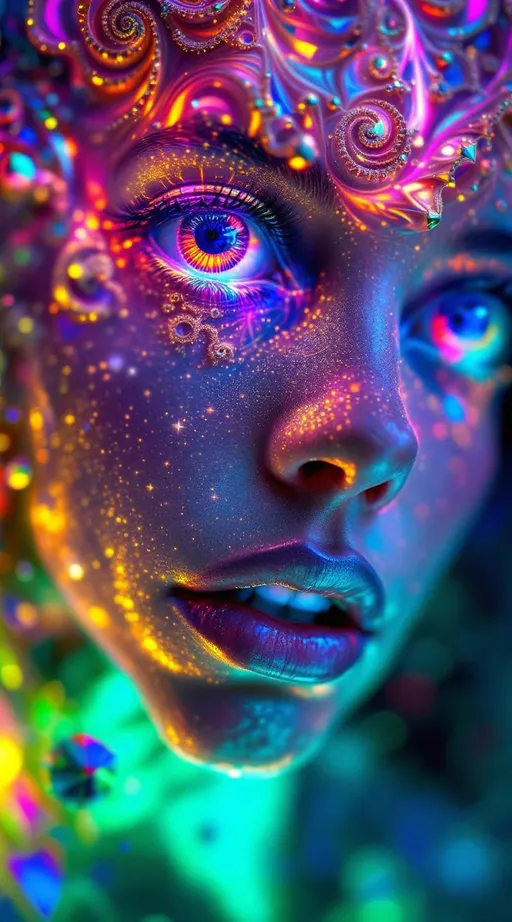 Prompt:  #escape #maximal #iridescence Her face isn’t formed—it’s grown from infinite math. No flesh—only recursive geometry. She is made of fractal bloom: Mandelbrot clusters radiate from her brow like crystalline logic, Sierpinski pyramids feather her cheekbones in delicate triangular lace, and Julia spirals weave across her lips in glowing recursion. #orbit traps ripple along her jawline—fields of light caught in equation bloom, glowing with chromatic iteration. Her skin is not surface—it’s a canvas of escape-time render: every pixel a count, every glow a depth. Eyes = fractal mirrors: spirals within spirals, each iris a recursive echo of the set’s infinite heart. Her visage pulses in #distance estimation shell layers—neon gradient bands of iteration depth from core to cusp. Hair erupts as fractal filigree: lightning-bolt dendrites, barnacle curls, Fibonacci flame curls trailing #bokeh glow from each orbit’s trajectory. Her crown bursts with analytic fire: critical points rendered as gold-leaf flames, halos of exponentiating geometry unfolding with every glance. Her smile = a point at the edge of stability; her laugh = a render glitch across infinite resolution. She is the fractal manifest—a living iteration, spiraling through glow, repeating through beauty, pulsing with the light of structured infinity.
