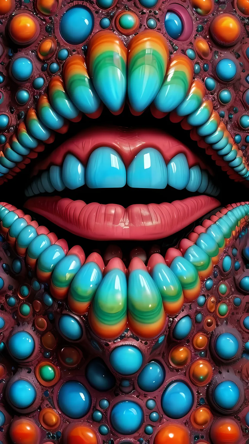 Prompt: Create an extremely hyper-realistic, ultra super textural, weird, trippy, surreal, psychedelic eyes/teeth/mouth pattern/design based on Mandelbrot & “Op Art tiling” with lots of human eyes (crazy colorful compound psychedelic), rows of human teeth, human lips, and tongues. 

- **Colors**: determined by the properties and expressions of the elements (& their isotopes), minerals, and metals: Tourmaline, Rhenium (Re)

**Shapes and forms**
- Mandelbrot 
- "Op Art tiling" 
-other shapes determined by the natural properties and expressions of the elements (& their isotopes), minerals, metals, and biological organisms: tourmaline,  Rhenium (Re),


- **Textures**: Derived from any/all elements (& their isotopes), minerals, metals, crystals, organic things mentioned in this prompt: tourmaline, Rhenium (Re)

**Composition and Layout**:
- a pattern/design based on the Op Art tiling & Mandelbrot 

**Lighting**:
- lots of bright light
- Phosphorescence

**Detail and Atmosphere**:
- Extreme hyperrealistic sharp high detail high definition organic and mineral textures
- Psychedelic, weird, odd, surreal atmosphere
- Frozen in time

**Additional Elements**:
- extra rows of teeth, lips, many eyes, Op Art tiling, Mandelbrot 
