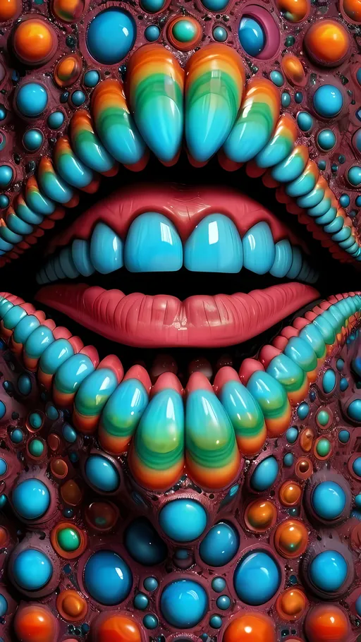 Prompt: Create an extremely hyper-realistic, ultra super textural, weird, trippy, surreal, psychedelic eyes/teeth/mouth pattern/design based on Mandelbrot & “Op Art tiling” with lots of human eyes (crazy colorful compound psychedelic), rows of human teeth, human lips, and tongues. 

- **Colors**: determined by the properties and expressions of the elements (& their isotopes), minerals, and metals: Tourmaline, Rhenium (Re)

**Shapes and forms**
- Mandelbrot 
- "Op Art tiling" 
-other shapes determined by the natural properties and expressions of the elements (& their isotopes), minerals, metals, and biological organisms: tourmaline,  Rhenium (Re),


- **Textures**: Derived from any/all elements (& their isotopes), minerals, metals, crystals, organic things mentioned in this prompt: tourmaline, Rhenium (Re)

**Composition and Layout**:
- a pattern/design based on the Op Art tiling & Mandelbrot 

**Lighting**:
- lots of bright light
- Phosphorescence

**Detail and Atmosphere**:
- Extreme hyperrealistic sharp high detail high definition organic and mineral textures
- Psychedelic, weird, odd, surreal atmosphere
- Frozen in time

**Additional Elements**:
- extra rows of teeth, lips, many eyes, Op Art tiling, Mandelbrot 
