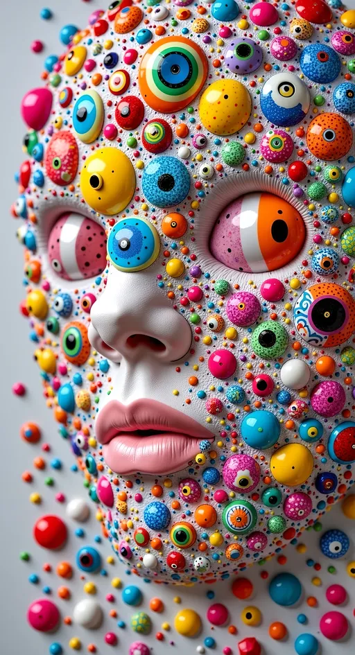 Prompt: an extremely hyper realistic ultra super textural weird trippy surreal psychedelic entity, white, translucent, clear, bright bright pastel colors, oil slick rainbow sheen effect, lots and lots of light, lots of crazy colorful compound psychedelic human eyes, rows of human teeth, fungus, atoms, diatoms,