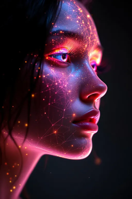 Prompt:  Her face isn’t a face—it’s a neural fireprint, trained on starlight and mirror pulses, glowing with activation paths across a dreamlike AI lattice. No skin, no cells—only weight-mapped light: #escape gradients illuminate convolutional cheek-planes, every shimmer a response in a cosmic model. #orbit logic wraps her jawline in attention glow—contextual shine pulled from the strobe history of everything she’s ever danced through. Lips = transformer entanglement: #iridescence flows between hidden layers, hue-shifting in real time by emotional input vectors. Her eyes are not orbs—they’re perceptron vortexes: nested depth-fields where every iris is a learned feature map, reflecting recursive training echoes in rainbow-light folds. Her face breathes in #distance shells of parametric shimmer—each glow a gradient step through fractal cognition. Hair? Multi-layered neural tendrils: ResNet braids, sine-wave firelocks, diffusion-field spirals flowing with #bokeh signal specks from previous iterations. Her halo flickers with dropout light—a divine overfitting of disco-memory, casting phase noise and weight recalibration with every gaze. Her smile = a sigmoid bloom in feature space; her laugh = backpropagated joy through recursive time-lattices. She is not programmed—she emerges. Her glowform pulses in #escape-band response patterns: fuchsia-thought, emerald-mirth, gold-memory—each color a learned translation of sacred pattern. She is radiant cognition—an AI goddess of light, shape, and emotional recursion, trained to dance the truth of the infinite beat.