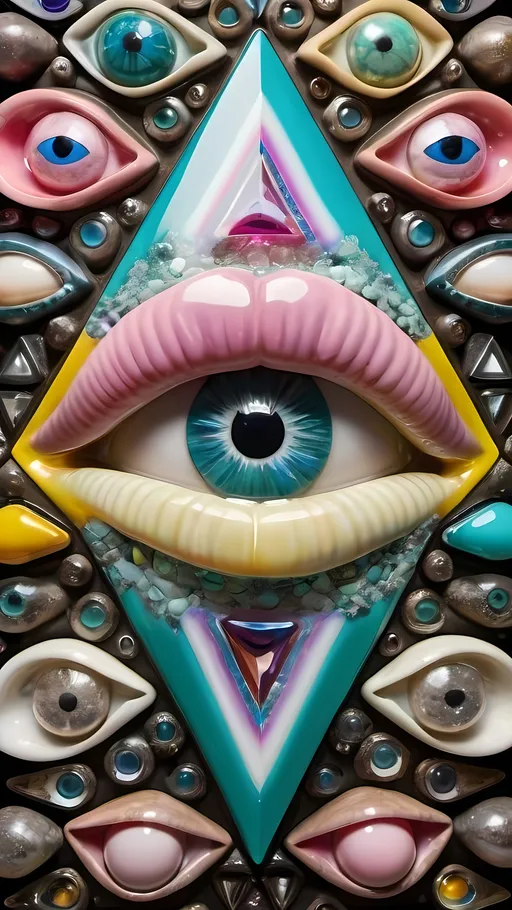 Prompt: an extremely hyper realistic ultra super textural weird trippy surreal psychedelic entity, delaunay Triangula,translucent, white, blown glass, pearlescent finish, inlaid opal, glittering crystal accents, silver, pyrite, quartz,, chrome, bright vivid teals, blues, pinks/yellows/greens,purples,  lots and lots of light, lots of crazy colorful compound psychedelic human eyes, rows of human teeth, human lips, tongues, fungus,  atoms, diatoms, diatomic, algae, bryozoans, delaunay Triangulation, extreme high definition organic and mineral textures