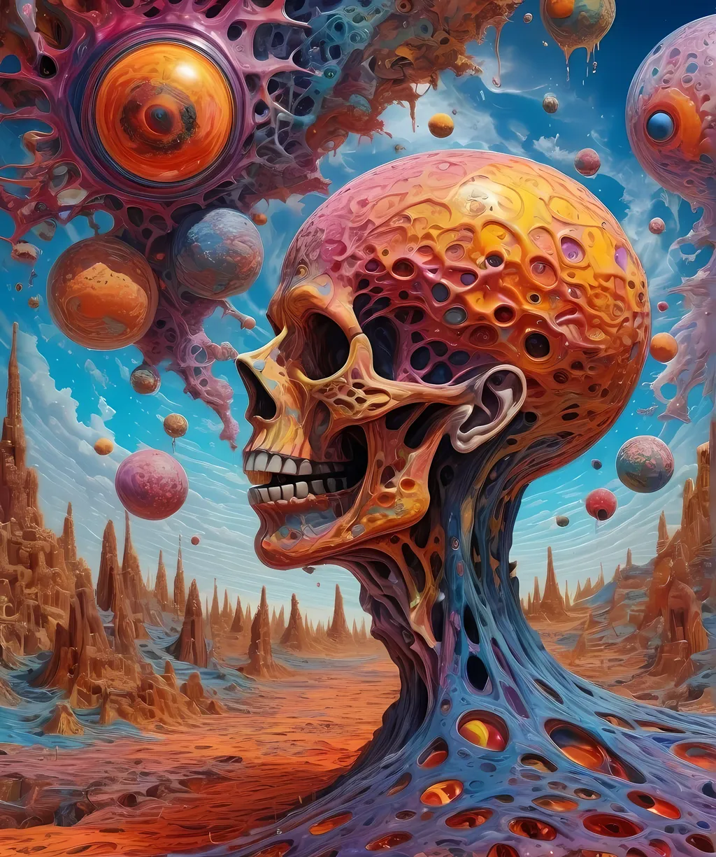 Prompt: Extreme psychedelic hyperrealism- Super high definition ultra textural Weird surreal depiction of ego death, melting into fractals, multidimensional geometric shapes, surrealism, detailed, highres, intense colors, eerie lighting, bizarre features, unsettling atmosphere, otherworldly, distorted proportions, mind-bending, dreamlike, abstract,, trippy psychedelic ultra detailed textures