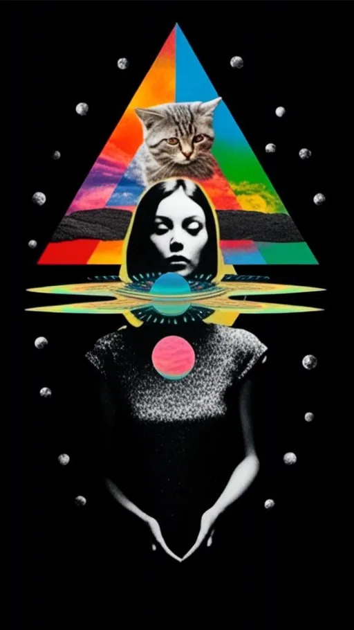 Prompt: <mymodel>Psychedelic collage of a woman, spliced and edited with psychedelic planets, cats, and UFOs, incorporating paint, enamel, and found objects, black and white optical illusions, high quality, surreal, vibrant colors, trippy, psychedelic, detailed collage, cosmic theme, colorful lighting surreal collage