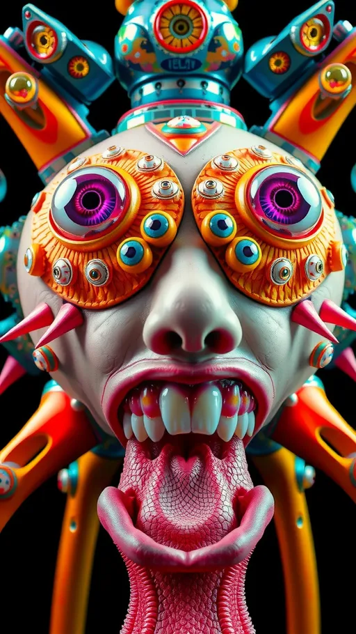 Prompt: Create an extremely hyper-realistic, ultra super textural, weird, trippy, surreal, psychedelic eyes/teeth/mouth creature/entity based on “metatron’s cube” with lots of human eyes (crazy colorful compound psychedelic), rows of human teeth, human lips, and tongues. 

- **Colors**: determined by the properties and expressions of the elements (& their isotopes), minerals, and metals: Nickel (Ni), Aventurine, Chrysoberyl

**Shapes and forms**
- “Metatron's Cube”
-other shapes determined by the natural properties and expressions of the elements (& their isotopes), minerals, metals, and biological organisms: diatoms, Nickel (Ni), Aventurine, Chrysoberyl


- **Textures**: Derived from any/all elements (& their isotopes), minerals, metals, crystals, organic things mentioned in this prompt: “Metatron's Cube” Nickel (Ni), Aventurine, Chrysoberyl

**Composition and Layout**:
- a pattern/design based on the “Metatron's Cube”

**Lighting**lots and lots of bright shining reflective light
- Trichroism


**Detail and Atmosphere**:
- Extreme hyperrealistic sharp high detail high definition organic and mineral textures
- Psychedelic, weird, odd, surreal atmosphere
- Frozen in time

**Additional Elements**:
- extra rows of teeth, lips, many eyes, diatoms, “Metatron's Cube” , Aventurescence, Chatoyancy
