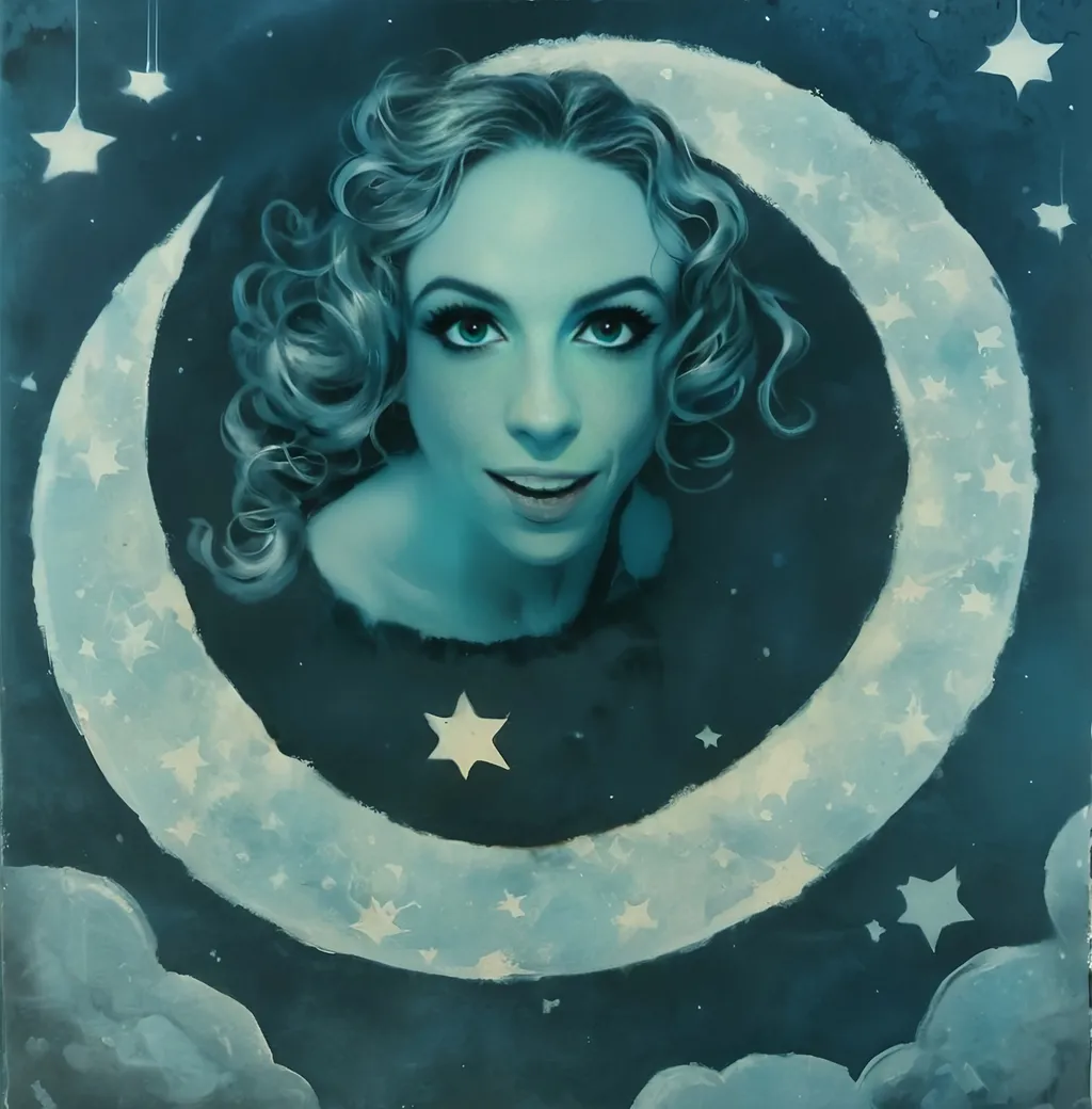 Prompt: Vintage Cyanotype print of a girl on the moon, detailed silhouette, vintage artistic style, cool tones, subtle moonlight, high quality, cyanotype print, vintage, detailed silhouette, moon, girl, subtle lighting, cool tones