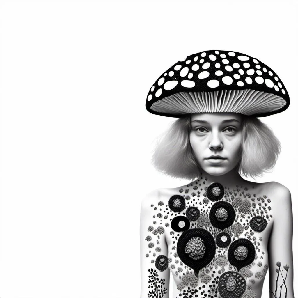 Prompt: a mixed media collage of a girl wearing or growing mushrooms/fungus as clothing body parts and accessories. She is a black and white or halftone photograph, the mushrooms and fungal growths are to be mixed media, including but not limited to paint, enamel, foils, glitter, sparkle, sequins, found objects, natural items, rhinestones etc <mymodel>