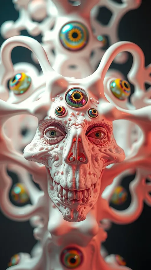 Prompt: an extremely hyper realistic ultra super textural weird trippy surreal psychedelic entity, gyroid structures, Pascal's Triangle, white, translucent, clear, bright bright pastel colors, oil slick rainbow sheen effect, lots and lots of light, lots of crazy colorful compound psychedelic human eyes, rows of human teeth, fungus, atoms, diatoms, gyroid structures, Pascal's Triangle