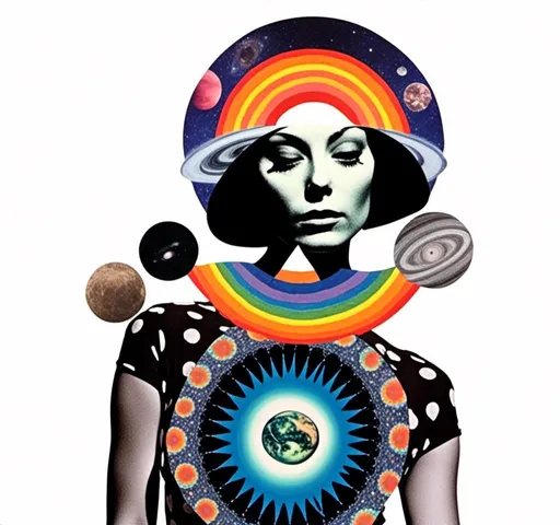 Prompt: <mymodel>Psychedelic collage of a woman, spliced and edited with psychedelic planets, cats, and UFOs, a psychedelic open third eye, incorporating paint, enamel, and found objects, black and white optical illusions, high quality, surreal, vibrant colors, trippy, psychedelic, detailed collage, cosmic theme, colorful lighting surreal collage