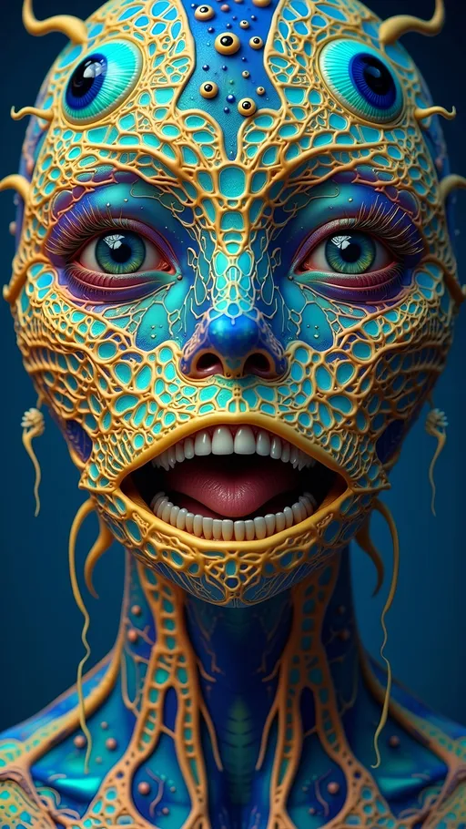 Prompt: An extremely super hyper detailed hyperrealistic weird surreal trippy psychedelic entity manifests, adorned with a multitude of psychedelic compound human eyes, arranged meticulously in a Fibonacci Spiral tiling pattern. These eyes, vibrant and entrancing, create a mesmerizing visual symphony. Rows upon rows of psychedelic teeth form a fractal-like pattern akin to the Mandelbrot Set, spiraling endlessly.

The entity's skin is a shimmering tapestry of iridescent Ammolite, displaying a spectrum of colors that shift with every movement. Interspersed are cubic Fluorite crystals in pale yellow, contrasting vividly with the backdrop. Swirling through its form are veins of Charoite, vivid purple strands weaving cosmic energy throughout its being.

On a microscopic level, Quantum Foam bubbles and fluctuates, giving the entity an ethereal, ever-changing appearance. Vibrating Quantum Strings hint at the fundamental nature of its existence, while Quantum Entanglement weaves an invisible web, linking its myriad parts in a dance of interconnectedness.

The background is a surreal landscape inspired by the Voronoi Tiling pattern, resembling an infinite cellular structure. The ground is a mosaic of royal blue Sodalite, with veins of white calcite creating a natural yet otherworldly pattern. Above, a sky of swirling Quantum Wave Functions paints a picture of potential realities, each wave a probability, each crest a possibility.

This entity embodies the fusion of mathematical precision and quantum chaos, a creation born from the abstract merging of natural, microscopic elements, minerals, and quantum phenomena, existing in a realm where reality and imagination blur into one.