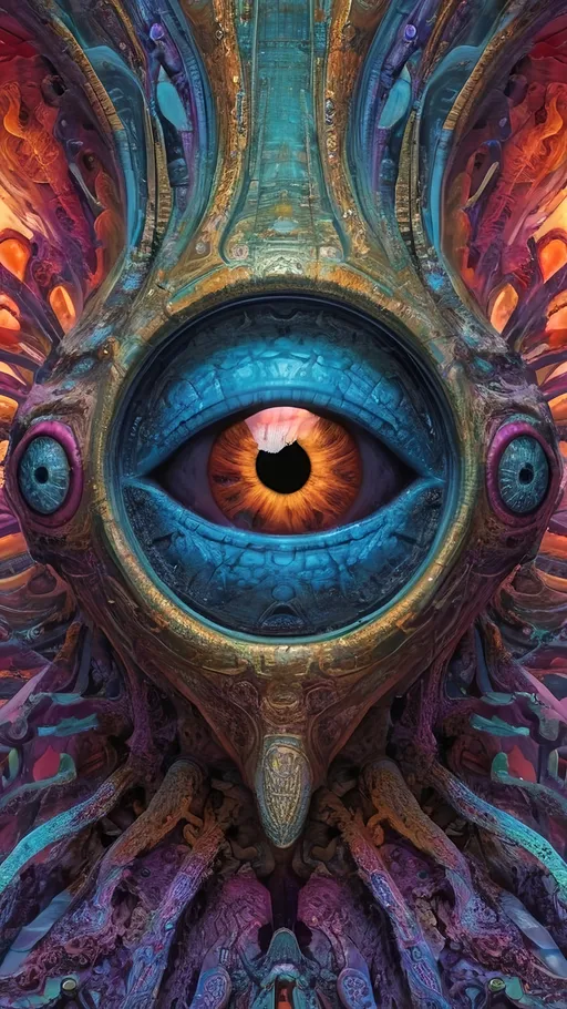 Prompt: Extreme psychedelic hyperrealism- Super high definition ultra textural multidimensional nonhumanoid crystal silicon noneuclidean geometric entity with crazy psychedelic bizarre eyes watching, looking, observing, psychedelic hallucination surrealism, psychedelic alien nonEuclidean geometry creature, multidimensional, detailed, highres, intense colors, eerie lighting, bizarre features, unsettling atmosphere, otherworldly, distorted proportions, mind-bending, dreamlike, abstract,, extremely textural high detailed psychedelic and metallic textures