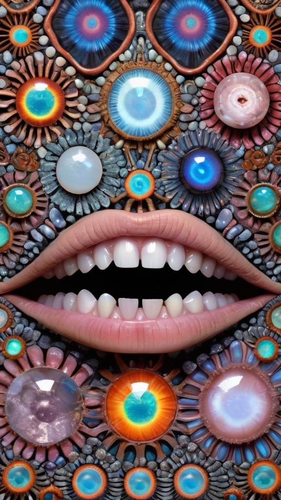 Prompt: Create an extremely hyper-realistic, ultra super textural, weird, trippy, surreal, psychedelic eyes/teeth/mouth pattern/design based on Mandelbrot & “Op Art tiling” with lots of human eyes (crazy colorful compound psychedelic), rows of human teeth, human lips, and tongues. 

- **Colors**: determined by the properties and expressions of the elements (& their isotopes), minerals, and metals: opal, moonstone, Kunzite, selenite, rose quartz, Platinum (Pt)

**Shapes and forms**
- Mandelbrot 
- "Op Art tiling" 
-other shapes determined by the natural properties and expressions of the elements (& their isotopes), minerals, metals, and biological organisms: opal, moonstone, Kunzite, selenite, rose quartz,  Platinum (Pt)


- **Textures**: Derived from any/all elements (& their isotopes), minerals, metals, crystals, organic things mentioned in this prompt: opal, moonstone, Kunzite, selenite, rose quartz, Platinum (Pt)

**Composition and Layout**:
- a pattern/design based on the Op Art tiling & Mandelbrot 

**Lighting**:
- lots of bright light
- Iridescence
- Aventurescence
- Chatoyancy
- Asterism

**Detail and Atmosphere**:
- Extreme hyperrealistic sharp high detail high definition organic and mineral textures
- Psychedelic, weird, odd, surreal atmosphere
- Frozen in time

**Additional Elements**:
- extra rows of teeth, lips, many eyes, Op Art tiling, Mandelbrot, Iridescence
