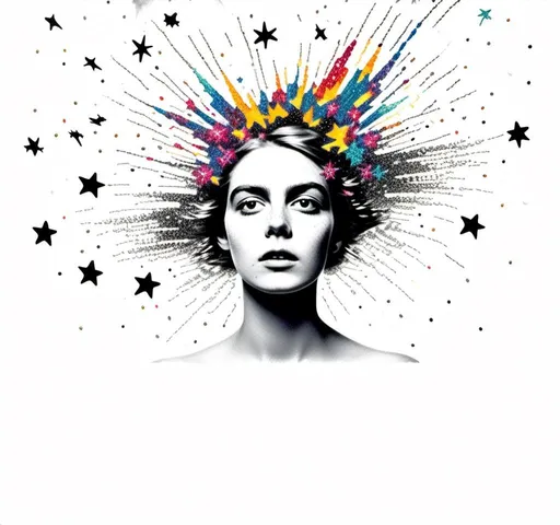 Prompt: <mymodel>Black and white halftone photograph of a girl, exploding with colorful multimedia stars, sparkles, and electric lightning bolts, created from paint, glitter, enamels, metal foils, iridescent paint, rhinestones, seed beads, dynamic and vibrant, high contrast, mixed media, dazzling explosion, detailed face and expression, high quality, highres, multimedia explosion, dynamic lighting, contrasted shadows, black and white, mixed media art